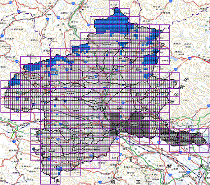 今回監視対象から除外する1キロメートルメッシュ図（図の青色塗りの632メッシュ）地図画像