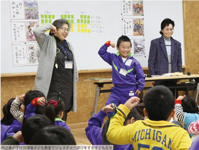 中之条小学校放課後子ども教室でジェスチャー遊びをする子どもたちの写真