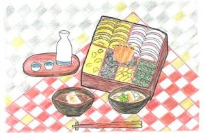 246_最近お正月におせち料理を作ったり、食べたりする人が減ってきていると思い、日本の伝統をこれからも残してほしいと願い、絵にその気持ちを込めて描きました。画像