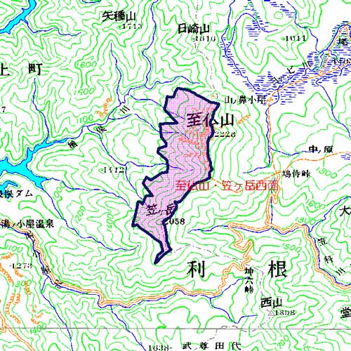 至仏山・笠ヶ岳西面位置図　尾瀬国立公園と接する至仏山・笠ヶ岳西面一帯の地域　みなかみ町
