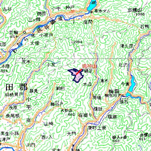 鳴神山広域図　足尾山地の南西端に位置する鳴神山を中心とした地域　桐生市