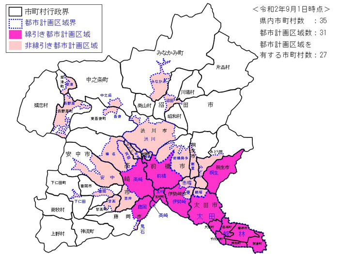 令和2年9月1日時点、県内市町村数：35、都市計画区域数：31、含まれる市町村数：27　県内地図画像