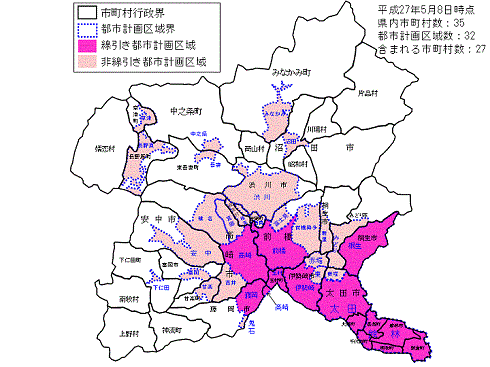 平成27年5月8日時点、県内市町村数：36、都市計画区域数：32、含まれる市町村数：27　県内地図画像