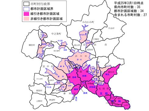 平成25年3月1日時点、県内市町村数：36、都市計画区域数：34、含まれる市町村数：27　県内地図画像