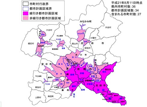 平成21年8月11日時点、県内市町村数：36、都市計画区域数：34、含まれる市町村数：27　県内地図画像