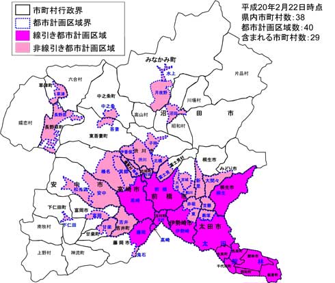 平成20年2月22日時点、県内市町村数：38、都市計画区域数：40、含まれる市町村数：29　県内地図画像