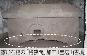 家形石棺の「格狭間」加工（宝塔山古墳）の写真
