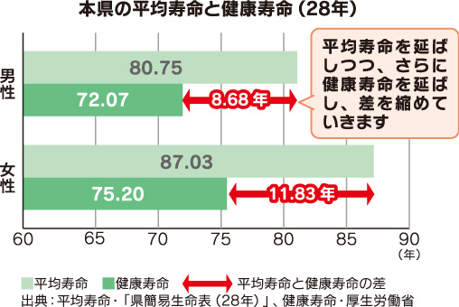 本県の平均寿命と健康寿命（28年）画像