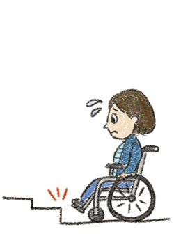 車いすに乗っている人が、階段の前で進めない様子のイラスト