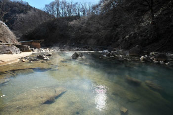 雄大な自然の中にある川風呂の画像