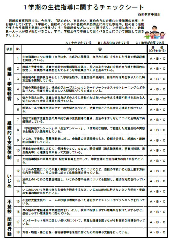 1学期の生徒指導に関するチェックシートの画像