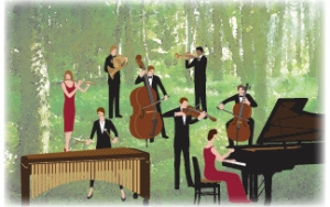 森とオーケストラの様子のイラスト画像