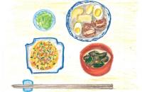 018_ 健康な体づくりのためには和食によるバランスのとれた食材が必要である。「納豆卵焼き丼」と「ブタの角煮」「シジミのみそ汁」「白菜のおひたし」の画像