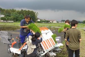 田植機に苗を補充中の画像