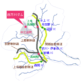 四万川ダムの位置図