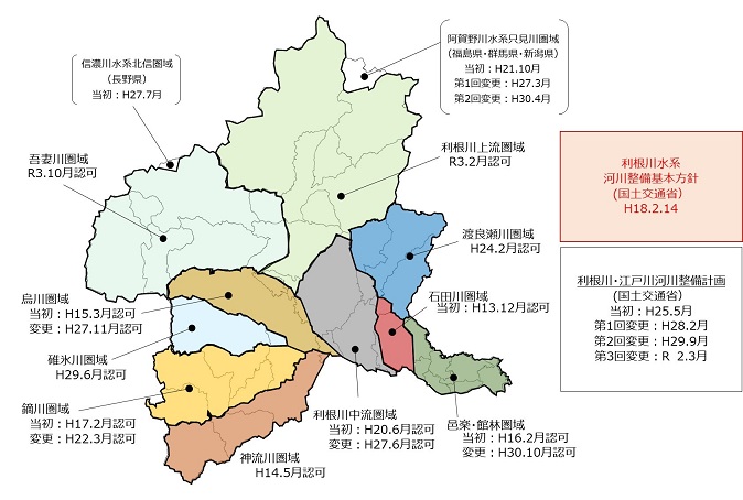 群馬県内の河川圏域図と河川整備計画の策定状況の画像