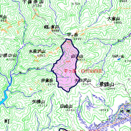 平ヶ岳・白沢山西面広域図　新潟県境の利根川源流部左岸に位置する、平ヶ岳、白沢山、ススケ峰の尾根の西面一帯の地域　みなかみ町