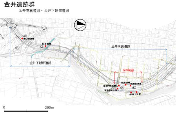 図1：金井下新田遺跡と金井東裏遺跡の位置関係の画像