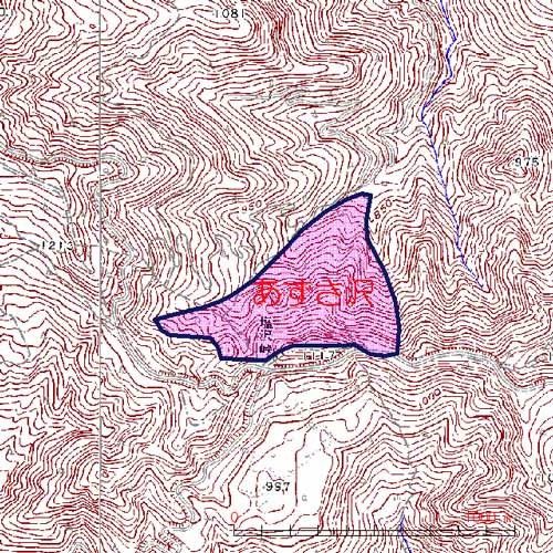 あずさ沢位置図　藤岡市御荷鉾山西方の塩沢峠北面のあずさ沢南面を中心とした地域