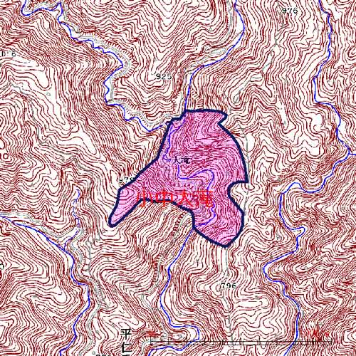 小中大滝位置図　みどり市袈裟丸山南麓の小中大滝を中心とした地域