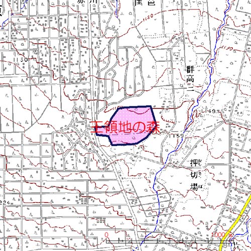 王領地の森位置図　浅間山の北側裾野中腹部に位置する王領地の森　長野原町