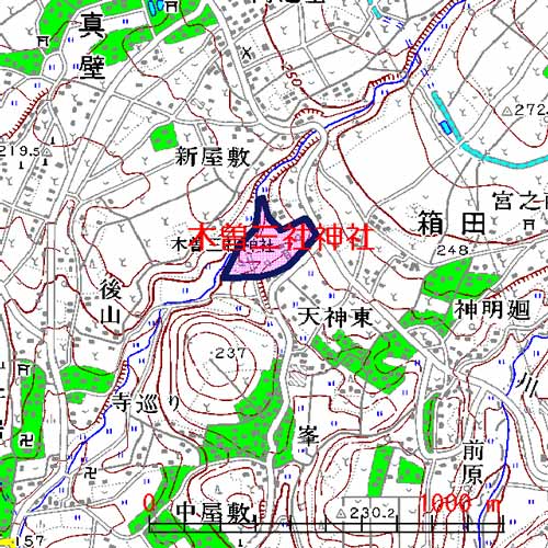 木曽三社神社位置図　渋川市木曽三社神社境内とその山林地域