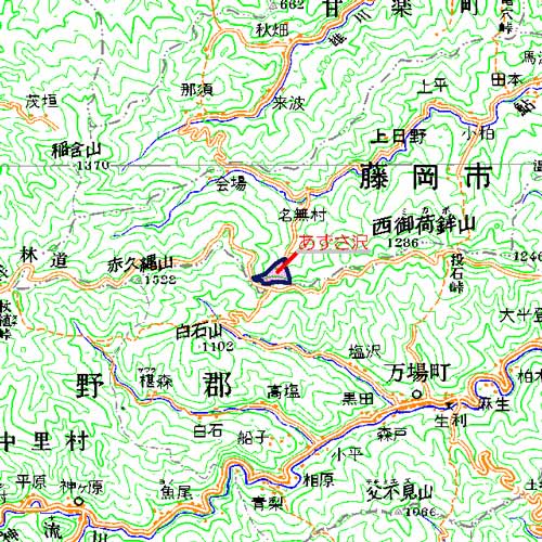 あずさ沢広域図　御荷鉾山西方の塩沢峠北面のあずさ沢南面を中心とした地域　藤岡市