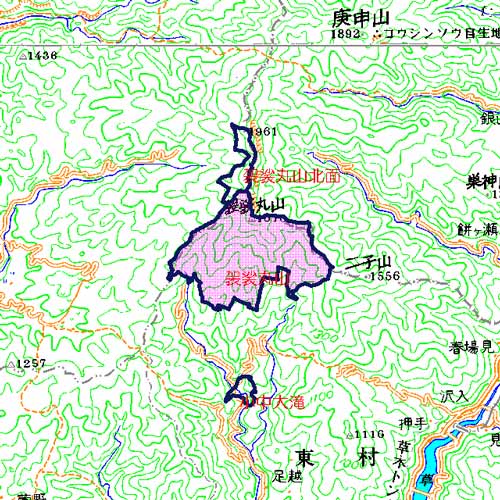 袈裟丸山広域図　県北東部県境にある前袈裟丸山及び後袈裟丸山の南面を中心とした地域　みどり市