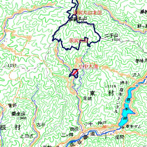 小中大滝広域図　袈裟丸山南麓の小中大滝を中心とした地域　みどり市