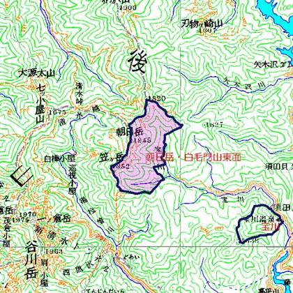 朝日岳・白毛門山東面広域図　上信越高原国立公園と境を接する大烏帽子山、朝日岳、白毛門山東面一帯の地域　みなかみ町