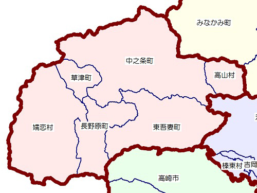 吾妻森林計画の区域は中之条町、長野原町、嬬恋村、草津町、高山村、東吾妻町　位置画像
