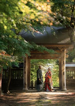 お寺と紅葉の写真