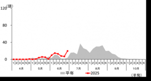 沼田市のチャバネアオカメムシのフェロモントラップへの誘殺状況のグラフの画像