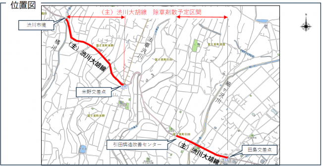 渋川大胡線の渋川市境から米野交差点と引田構造改善センターと田島交差点を示した画像