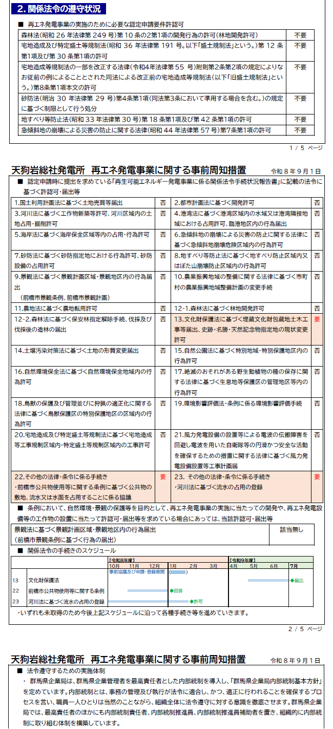 天狗岩総社発電所 事前周知資料（PDF）における関係法令の遵守状況の画像