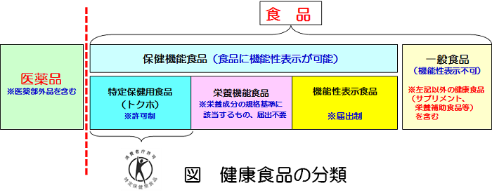 図：健康食品の分類[内訳]→食品：一般食品（機能性表示不可） ／ 保健機能食品「特定保健用食品（特定保健用食品「トクホ」）・栄養機能食品・機能性表示食品」  ／ 医薬品：医薬部外品を含む））画像