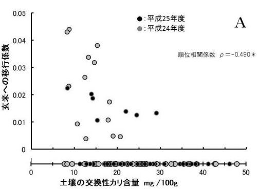 図1A　水稲栽培後の土壌の交換性カリ含量と玄米への放射性セシウム移行係数の関係（群馬県の詳細調査結果　平成24、25年度）