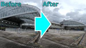 敷島公園プールの屋根が開く前と開いた後の画像