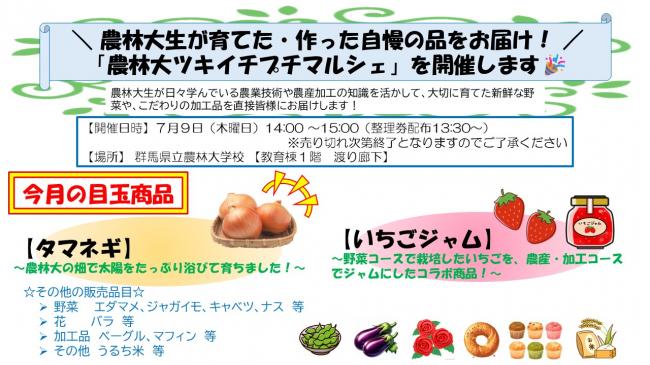 7月9日開催予定の農林大ツキイチプチマルシェのチラシ画像です